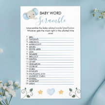 Charmante Blue Elephant Baby shower Word Scramble