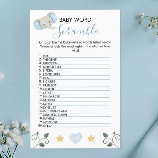 Charmante Blue Elephant Baby shower Word Scramble Flyer