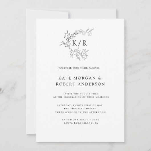 Charmante Botanische Monogram Bruiloft Uitnodiging (Voorkant)