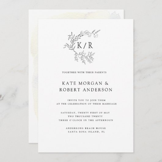 Charmante Botanische Monogram Bruiloft Uitnodiging (Voorkant / Achterkant)
