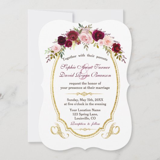 Charmante Bourgondische Marsala Floral Fall Weddin Kaart (Voorkant)