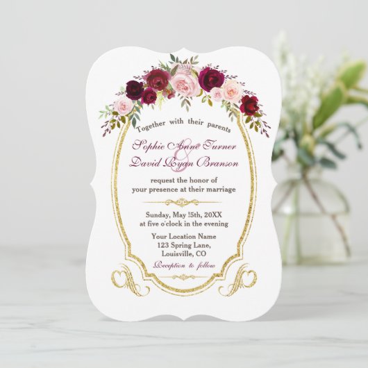 Charmante Bourgondische Marsala Floral Fall Weddin Kaart (Staand voorkant)