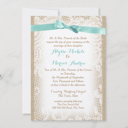 Charmante Burlap Bogen en Kant Kaart (Voorkant)