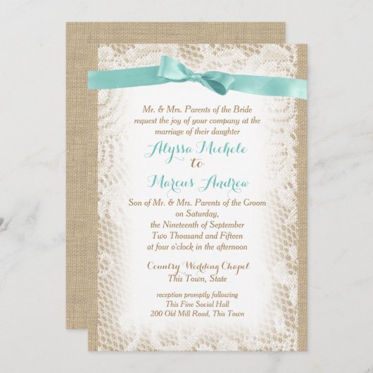 Charmante Burlap Bogen en Kant Kaart (Voorkant / Achterkant)