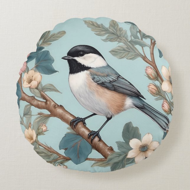 Charmante Chickadee Bird Rond Kussen (Voorkant)