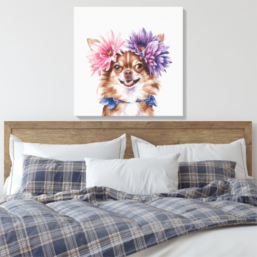 Charmante Chihuahua bloemkroon Waterverf Print#1 Canvas Afdruk (Insitu (Slaapkamer))