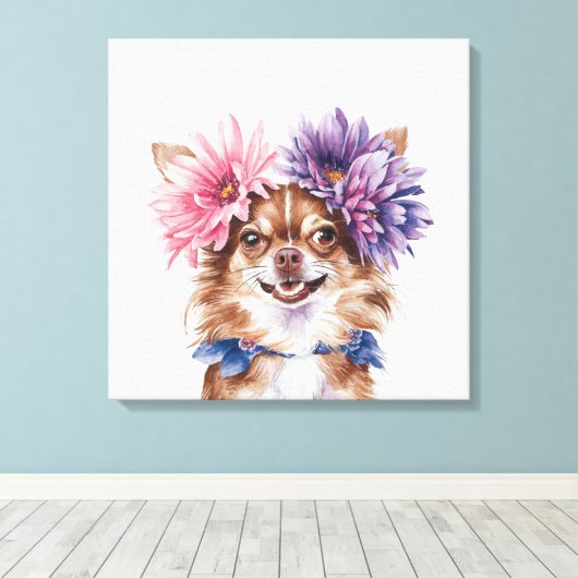 Charmante Chihuahua bloemkroon Waterverf Print#1 Canvas Afdruk (Insitu (Houten vloer))
