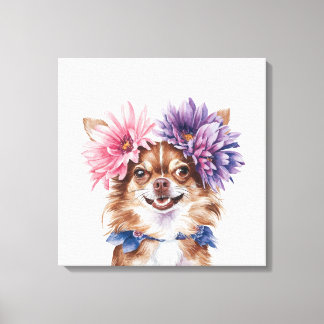 Charmante Chihuahua bloemkroon Waterverf Print#1 Canvas Afdruk