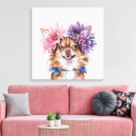 Charmante Chihuahua bloemkroon Waterverf Print#1 Canvas Afdruk (Insitu (Woonkamer))