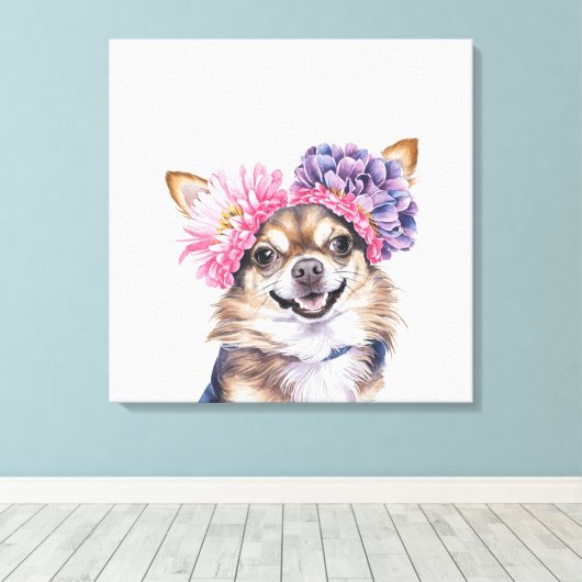 Charmante Chihuahua bloemkroon Waterverf Print#2 Canvas Afdruk (Insitu (Houten vloer))