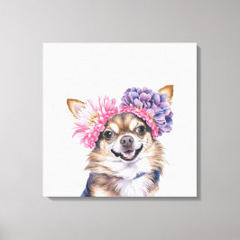 Charmante Chihuahua bloemkroon Waterverf Print#2 Canvas Afdruk