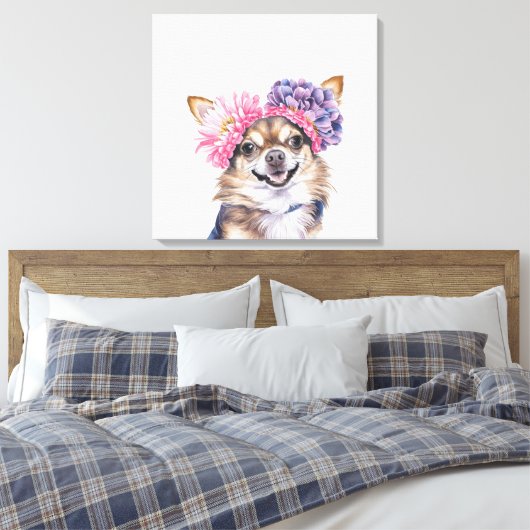 Charmante Chihuahua bloemkroon Waterverf Print#2 Canvas Afdruk (Insitu (Slaapkamer))