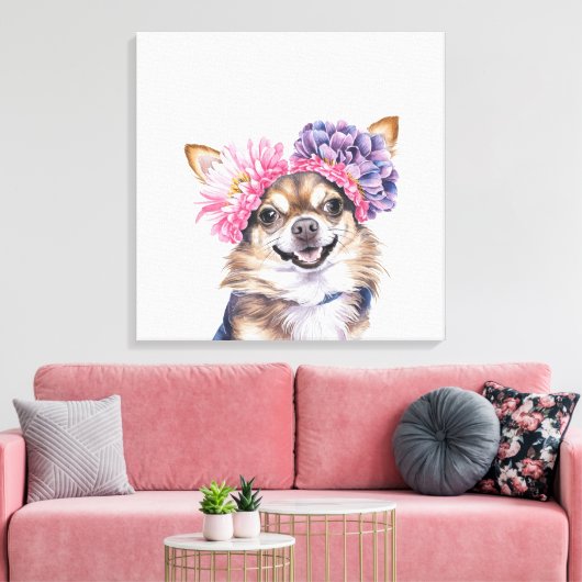 Charmante Chihuahua bloemkroon Waterverf Print#2 Canvas Afdruk (Insitu (Woonkamer))