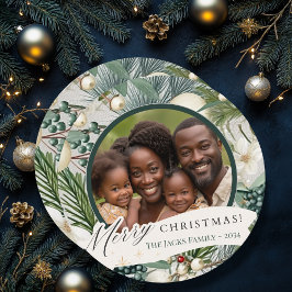 Charmante Cirkel Elegant Ivoor & Blauw Familie Fot Feestdagenkaart