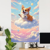 Charmante corgi hond in de wolken poster (Thuiskantoor)