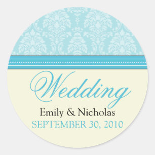 Charmante Damask bruiloft uitnodigingszegel (aqua) Ronde Sticker
