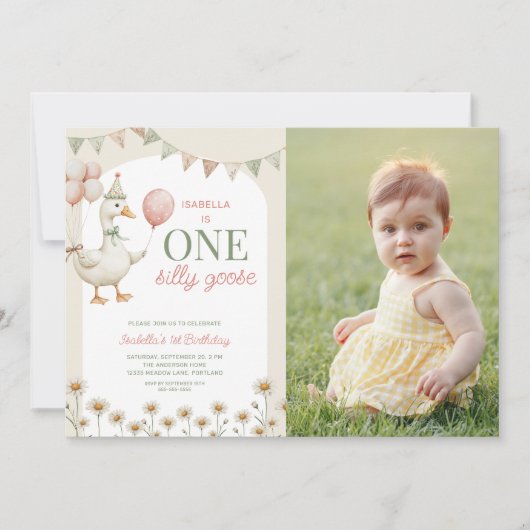 Charmante Een Gekke Gans 1e Verjaardag Party Foto Kaart (Voorkant)