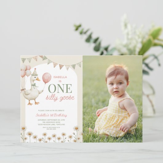 Charmante Een Gekke Gans 1e Verjaardag Party Foto Kaart (Staand voorkant)