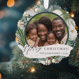 Charmante  Elegant Ivoor & Blauw Familie Foto Ornament Kaart