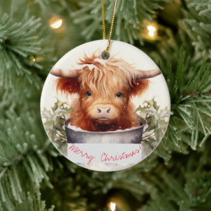 Charmante en Schattigee Christmas Highland Koe Keramisch Ornament