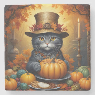 Charmante feestelijke Thanksgiving Cat in Disguise Stenen Onderzetter