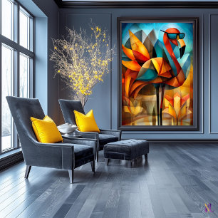 Charmante Flamingo – Cubistische Cool met een Zonn Poster