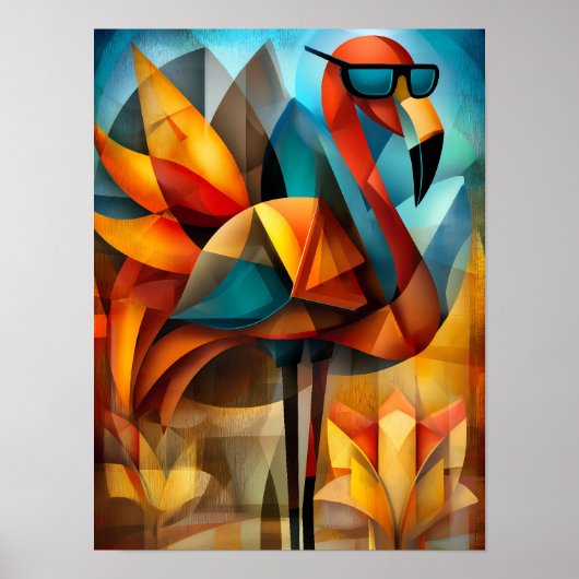 Charmante Flamingo – Cubistische Cool met Zonnebri Poster (Voorkant)