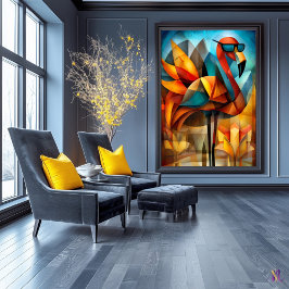 Charmante Flamingo – Kubist Koel in Schaduwen Poster