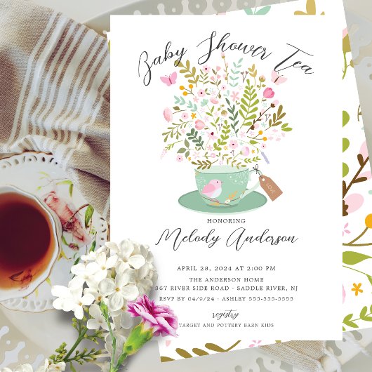 Charmante Floral Tea Party Baby shower Uitnodiging