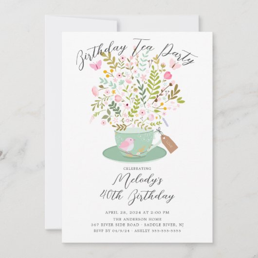 Charmante Floral Verjaardag Tea Party uitnodiging (Voorkant)