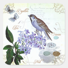 Charmante Franse Vogeltekst Bloemen Collage Vierkante Sticker