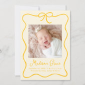 Charmante gele boog foto geboorte aankondiging (Voorkant)
