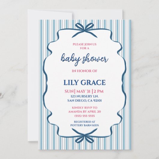 Charmante gestreepte lint baby shower uitnodiging (Voorkant)