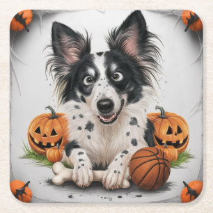 Charmante Gevlekte Hond: Halloween Whimsy met Mand Kartonnen Onderzetters