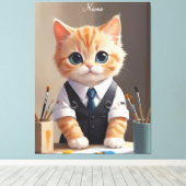 Charmante Ginger Cat Artist met Paintbrushes Schat Canvas Afdruk (Insitu (Houten vloer))