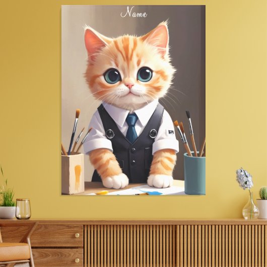 Charmante Ginger Cat Artist met Paintbrushes Schat Canvas Afdruk (Insitu (Woonkamer))