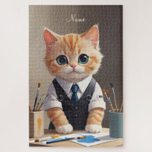 Charmante Ginger Cat Artist met Paintbrushes Schat Legpuzzel