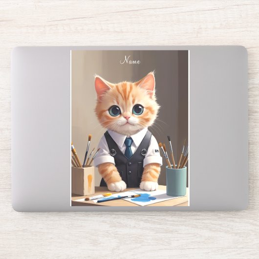 Charmante Ginger Cat Artist met Paintbrushes Schat Sticker (Computer)