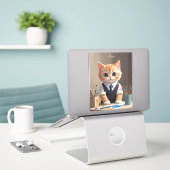 Charmante Ginger Cat Artist met Paintbrushes Schat Sticker (Laptop op bureau)