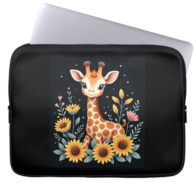 Charmante Giraffe omgeven door bloemen met lange m Laptop Sleeve (Voorkant)