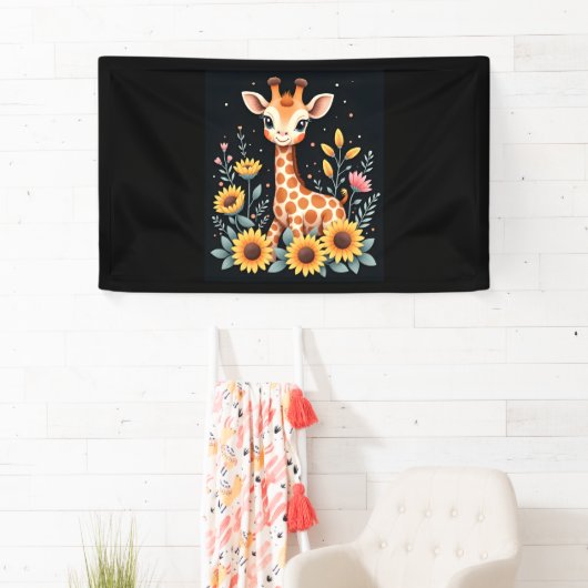 Charmante Giraffe omgeven door bloemen met lange m Spandoek (Insitu)