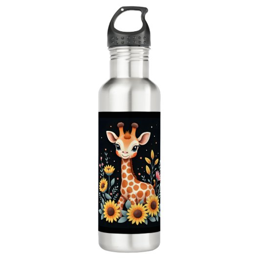 Charmante Giraffe omgeven door bloemen met lange m Waterfles (Voorkant)