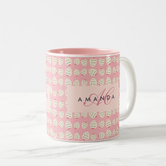 Charmante Girly Aardbei Patroon Monogram Geschenke Tweekleurige Koffiemok (Voorkant rechts)