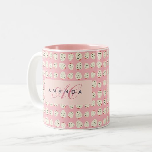 Charmante Girly Aardbei Patroon Monogram Geschenke Tweekleurige Koffiemok (Voorkant links)