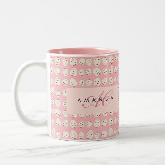 Charmante Girly Aardbei Patroon Monogram Geschenke Tweekleurige Koffiemok (Links)