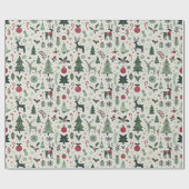 Charmante groene & rode rendier Kerstmis Cadeaupapier (Vlak)