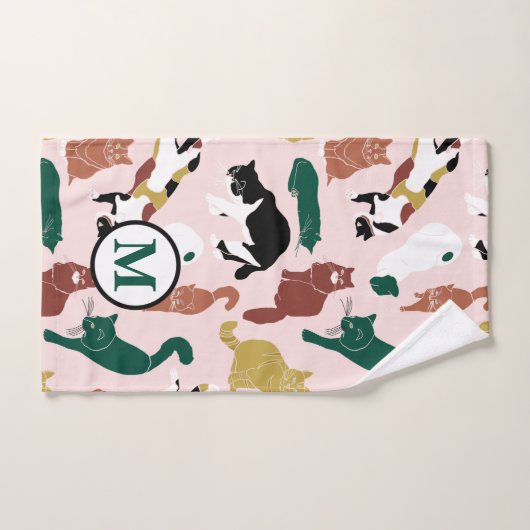Charmante handgetekende katten op roze achtergrond bad handdoek (Handdoek)