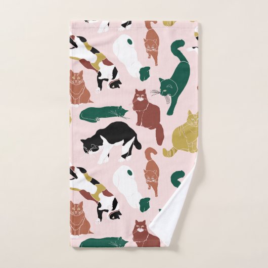 Charmante handgetekende katten op roze achtergrond bad handdoek (Handdoek)