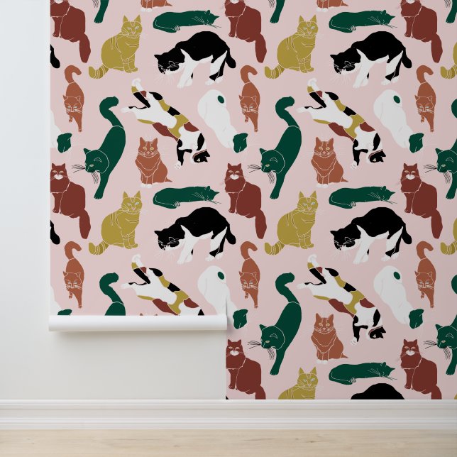 Charmante handgetekende katten op roze achtergrond behang (Applicatie)