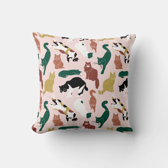 Charmante handgetekende katten op roze achtergrond kussen (Voorkant)